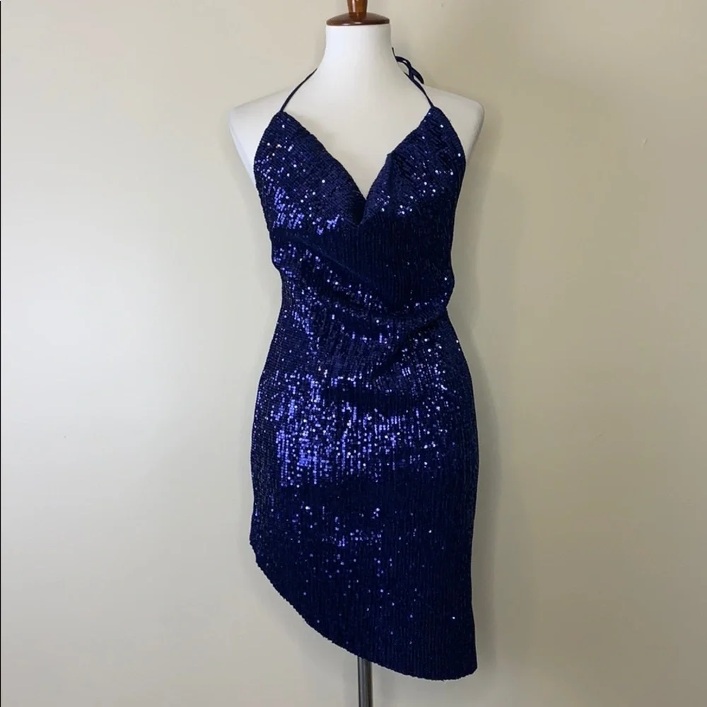 BLITHE Blue Halter Sequins Mini Assymetric Dress - Picture 1 of 8